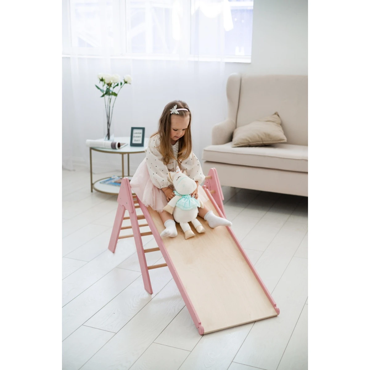 Luna Toys Roze Houten Klimrek Met Glijbaan LU-36974 - Afbeelding 6